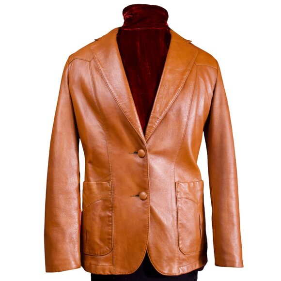 Vintage Tan Leather Blazer Jacket Size 8 - Picture 1 of 13